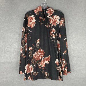 Suzanne Betro Top Women 1X Gray Floral Flare Sleeve Mock Neckline Keyhole Button